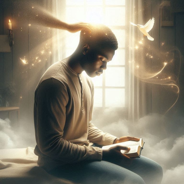 A young black man or woman (early 20s) kneeling or sitting quietly in a peaceful room with a Bible o