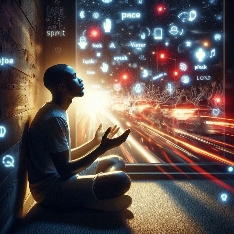 A young black man sitting alone in a quiet prayer room, surrounded by a loud, chaotic world outside