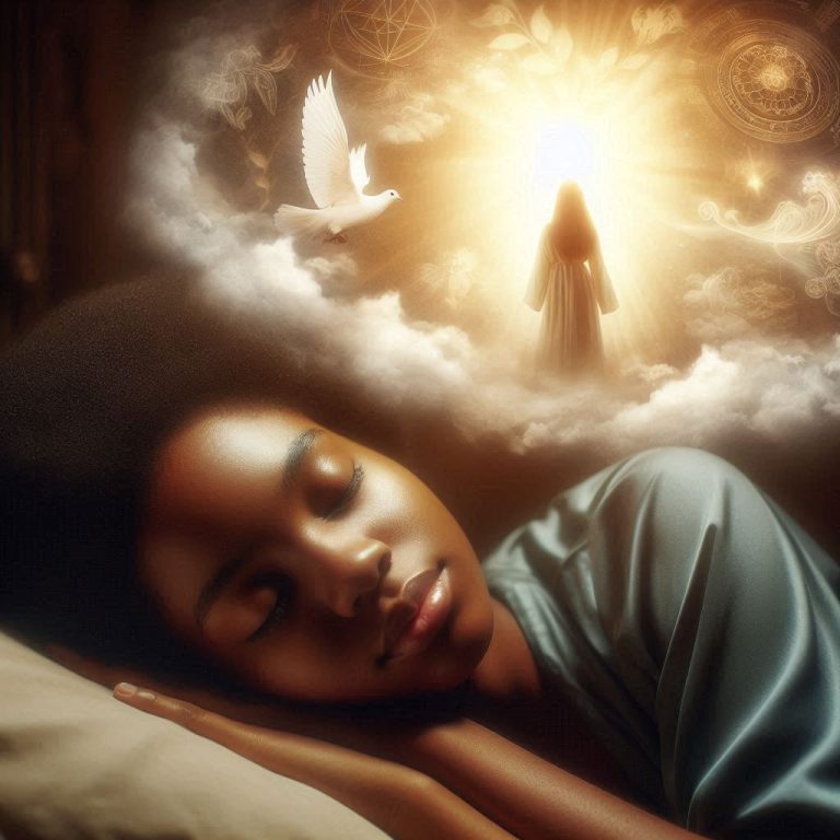 A young black woman sleeping peacefully in a dimly lit room. A soft golden glow surrounds his head a