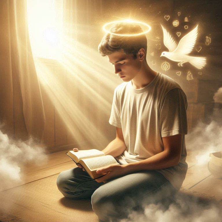 A young man or woman (early 20s) kneeling or sitting quietly in a peaceful room with a Bible open o (1)